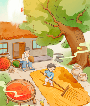 Escena rural encantadora con niño secando granos bajo el árbol