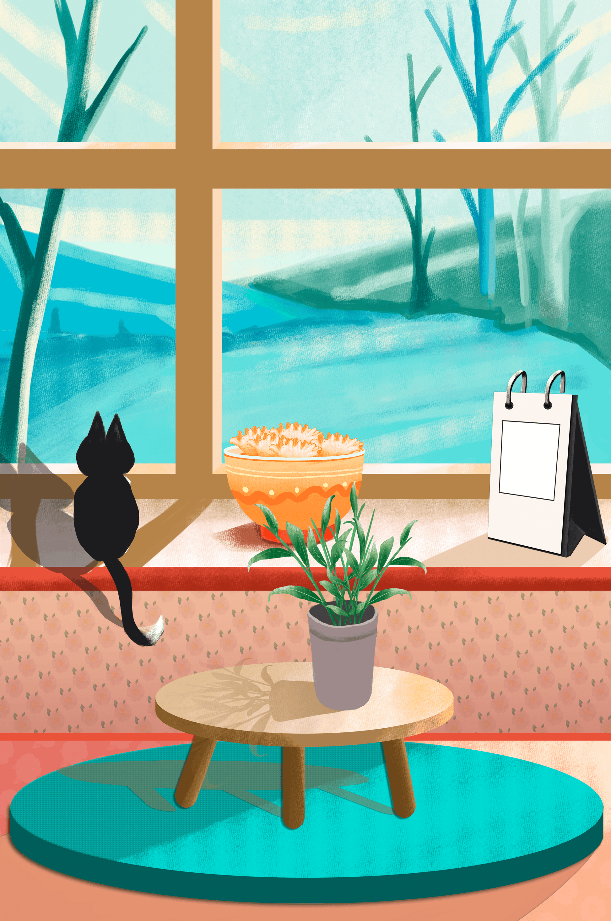 Cozy interior with a cat by the window and potted plants