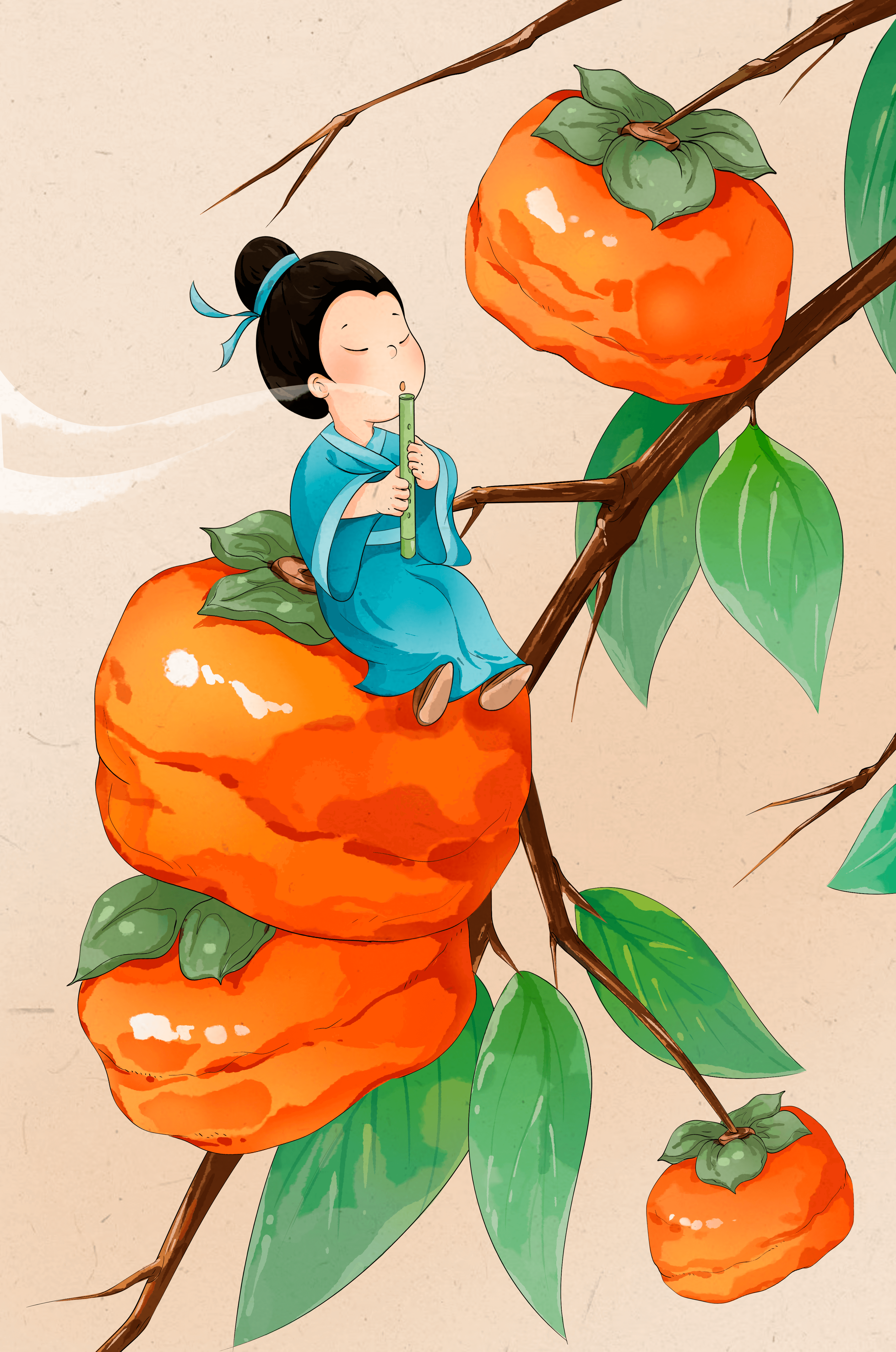 Child playing flute on persimmon-filled tree in whimsical illustration
