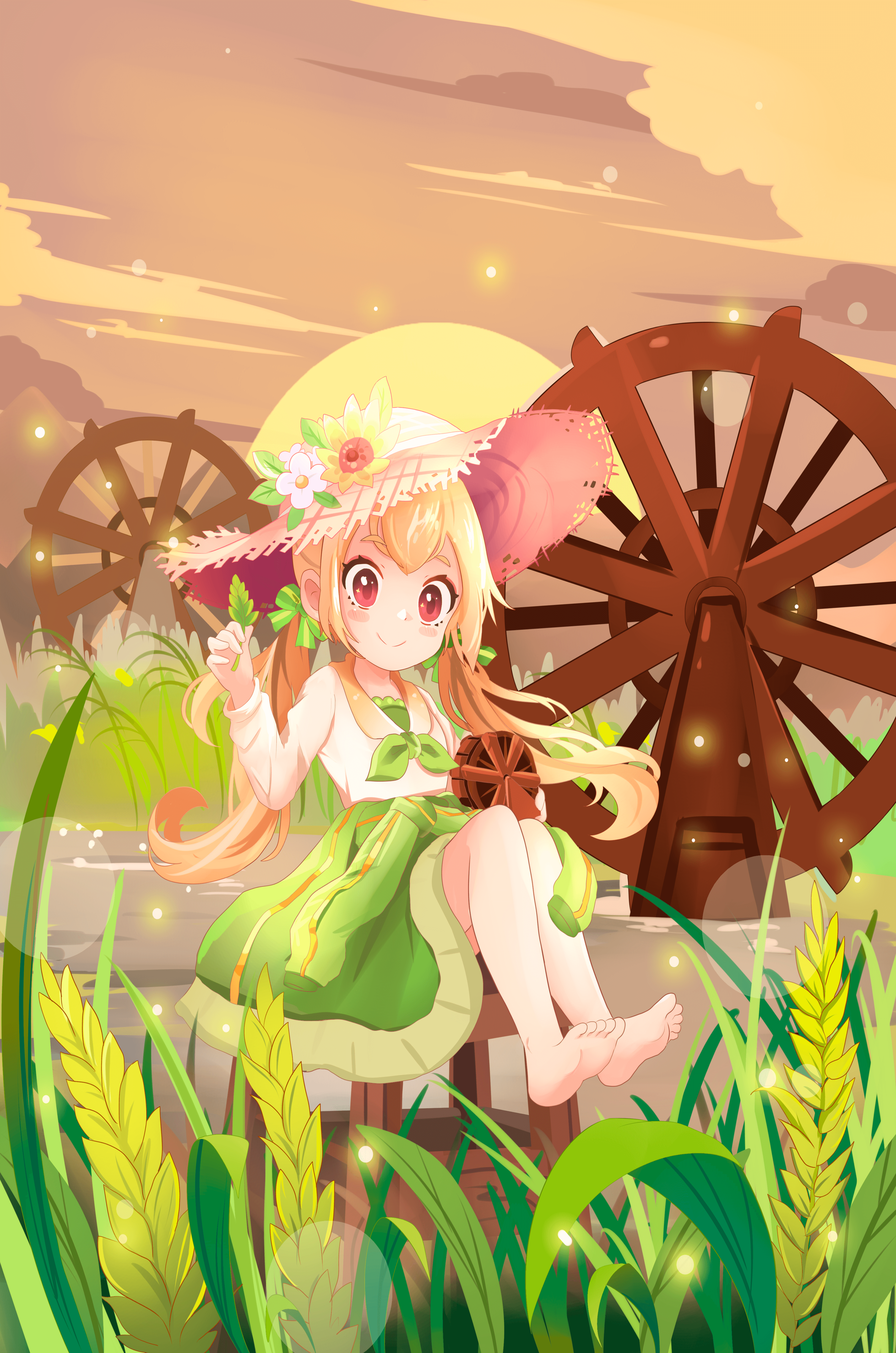 Enchanted countryside scene with a cute character and vibrant nature