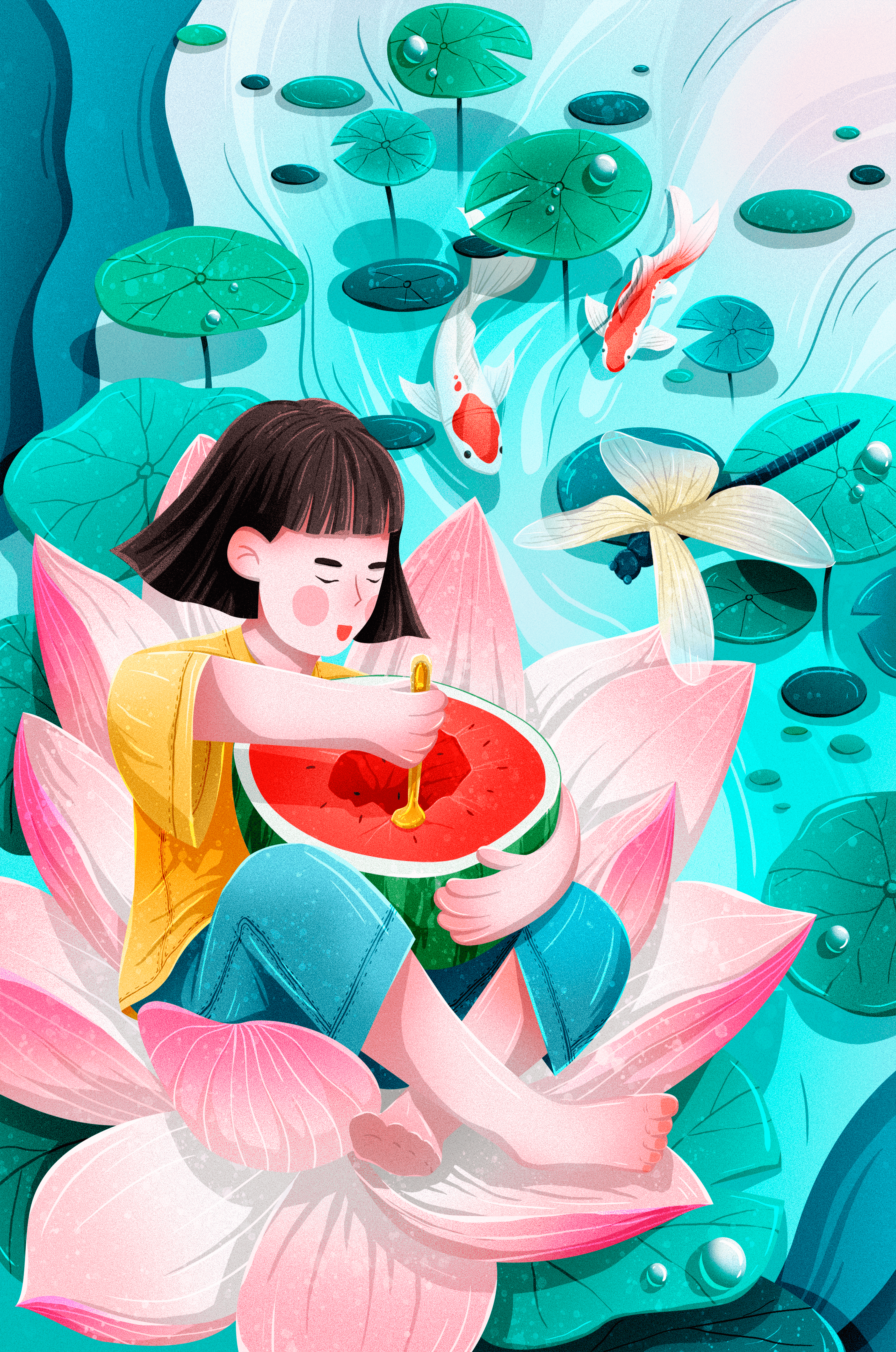 Serene illustration of child with watermelon on lotus flower