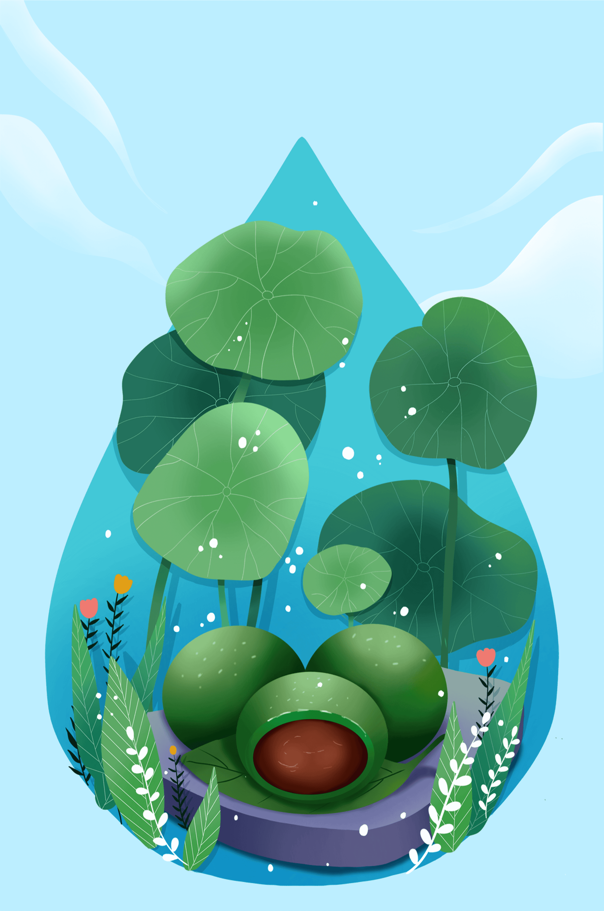 Nature-inspired abstract illustration with leaves and spheres