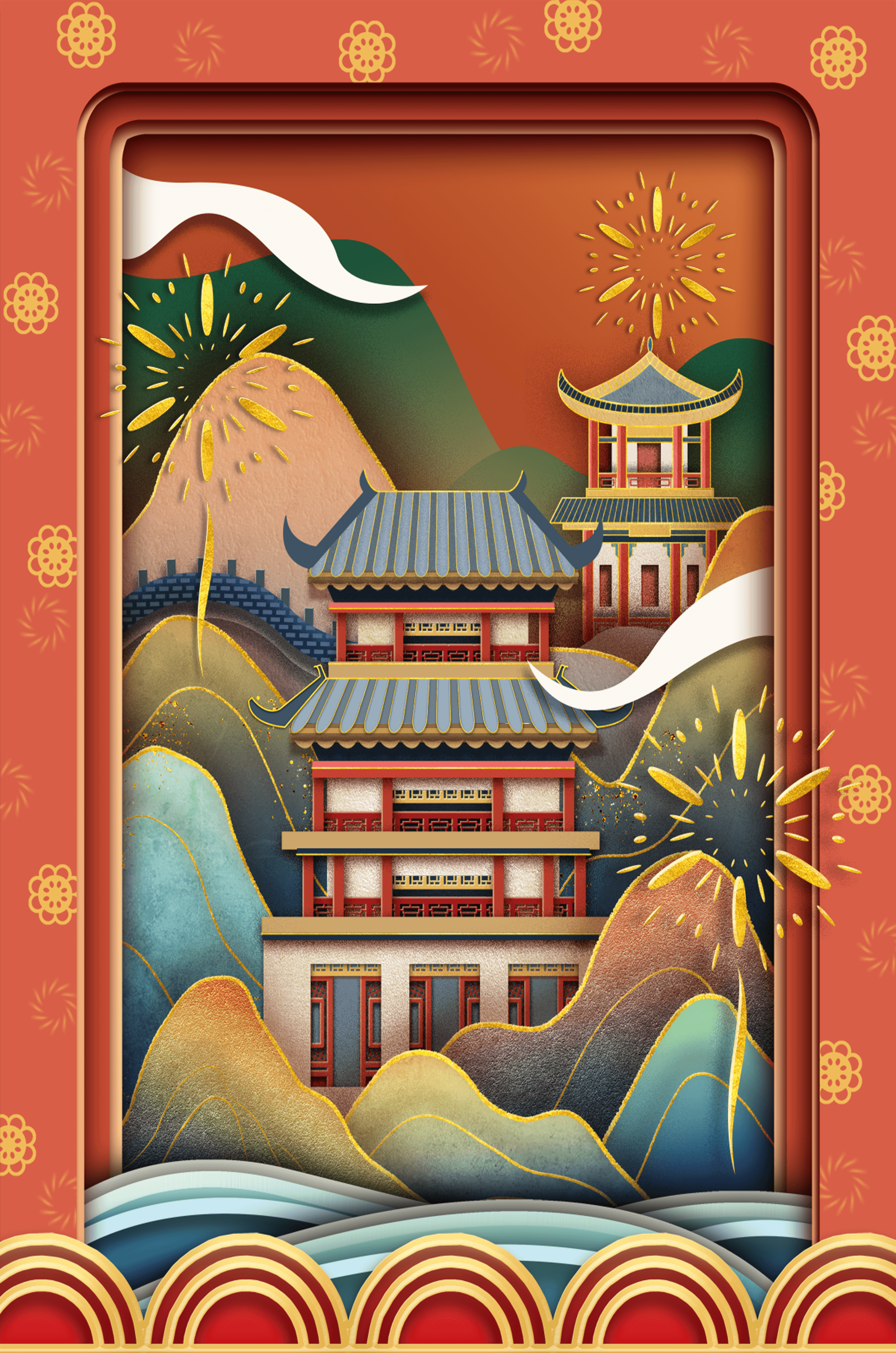 Traditional Asian architecture with fireworks and vibrant mountains