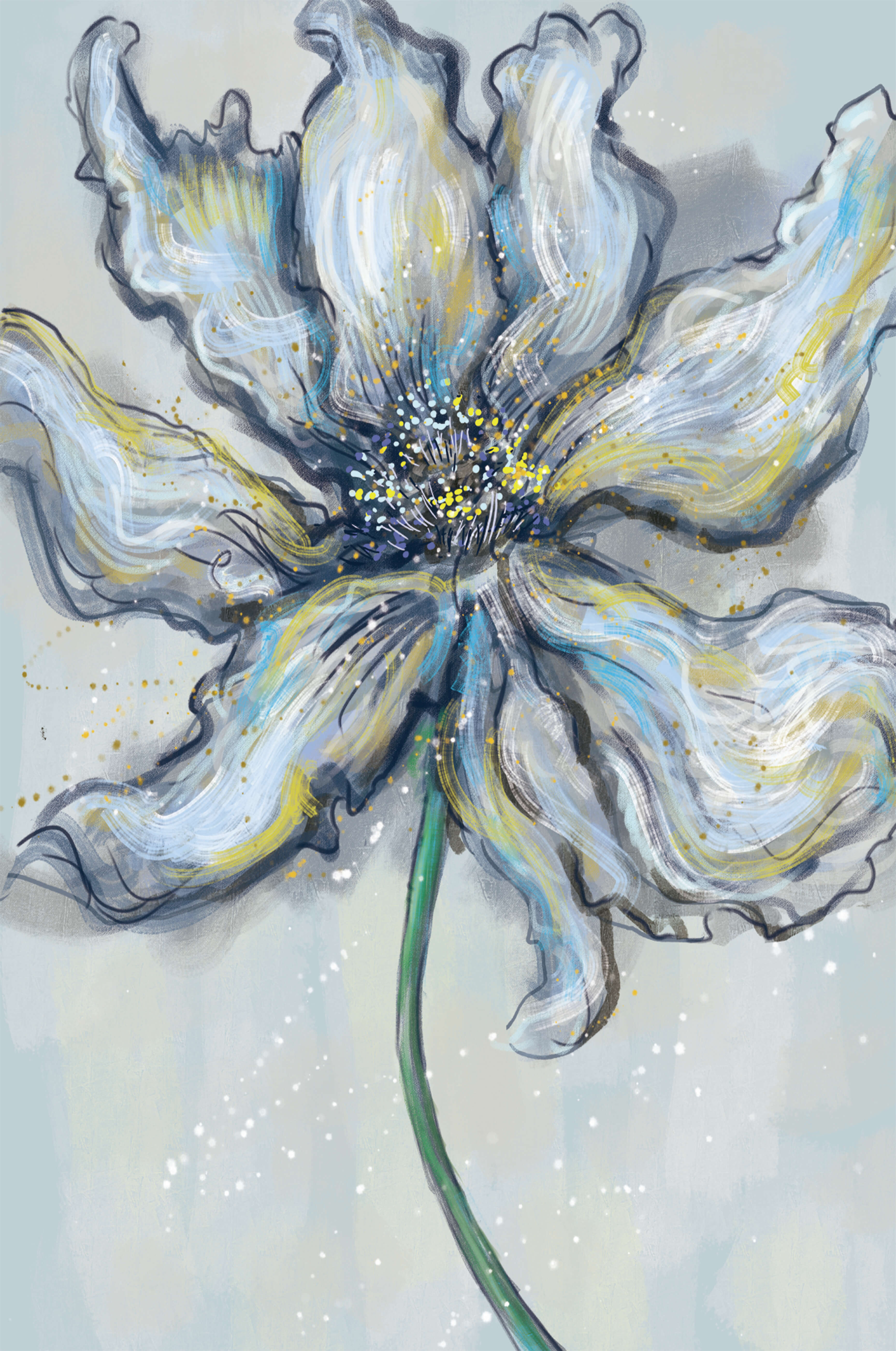 Elegant blue and green abstract floral artwork with flowing lines