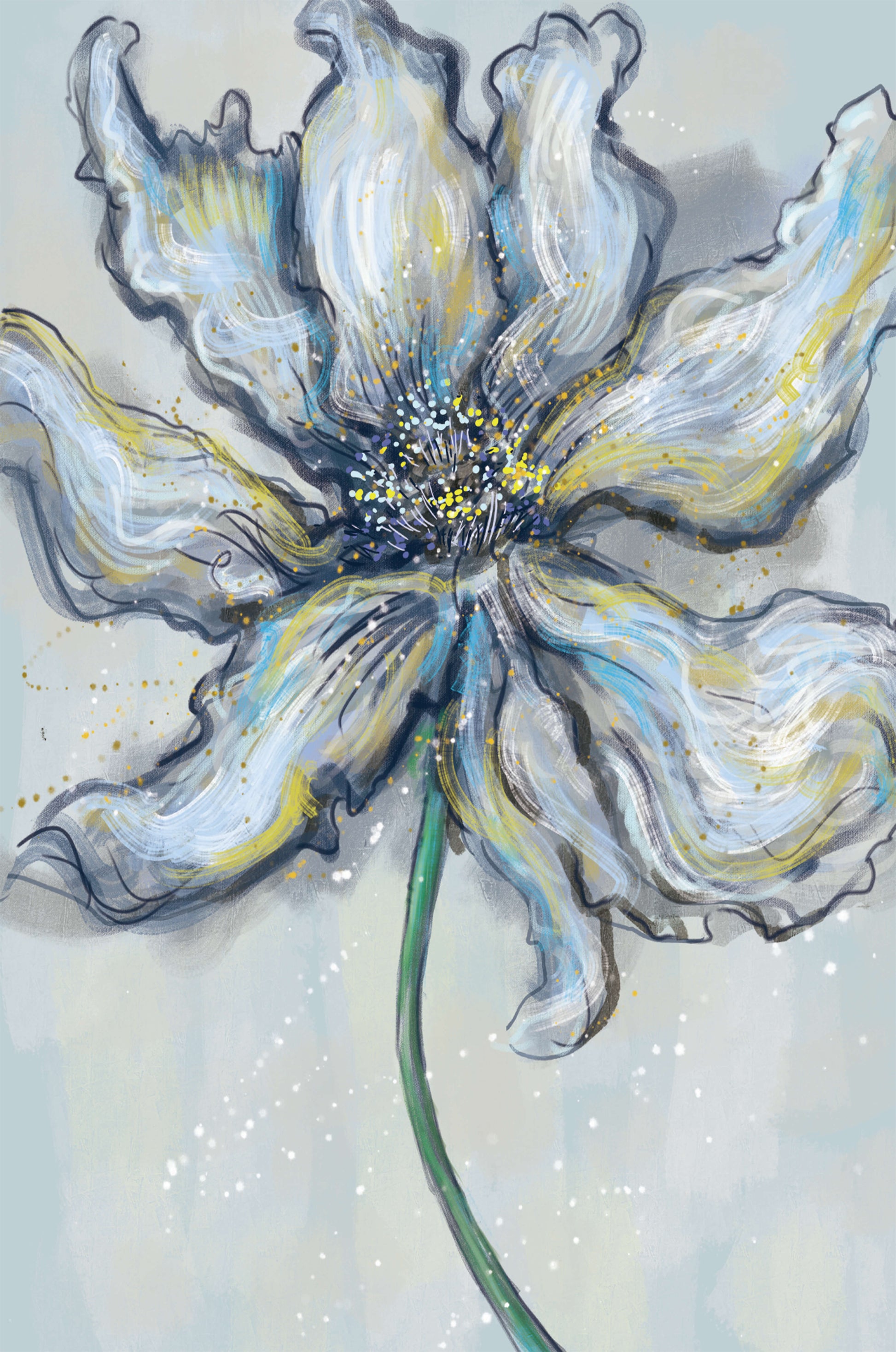 Elegant blue and green abstract floral artwork with flowing lines