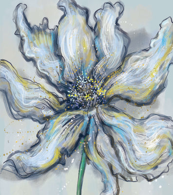 Elegant blue and green abstract floral artwork with flowing lines