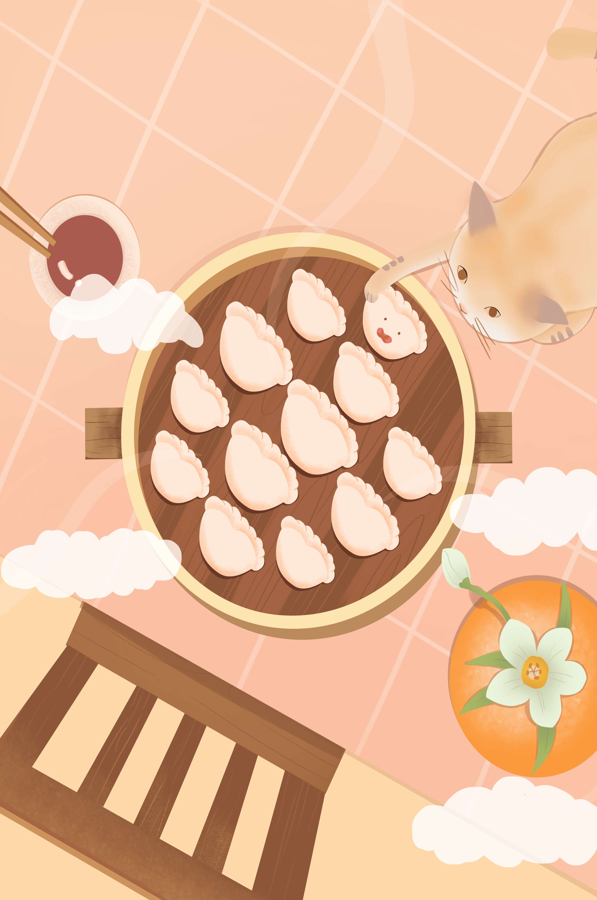 Gato alcanzando dumplings en una mesa con azulejos rosas y naranjas con palillos