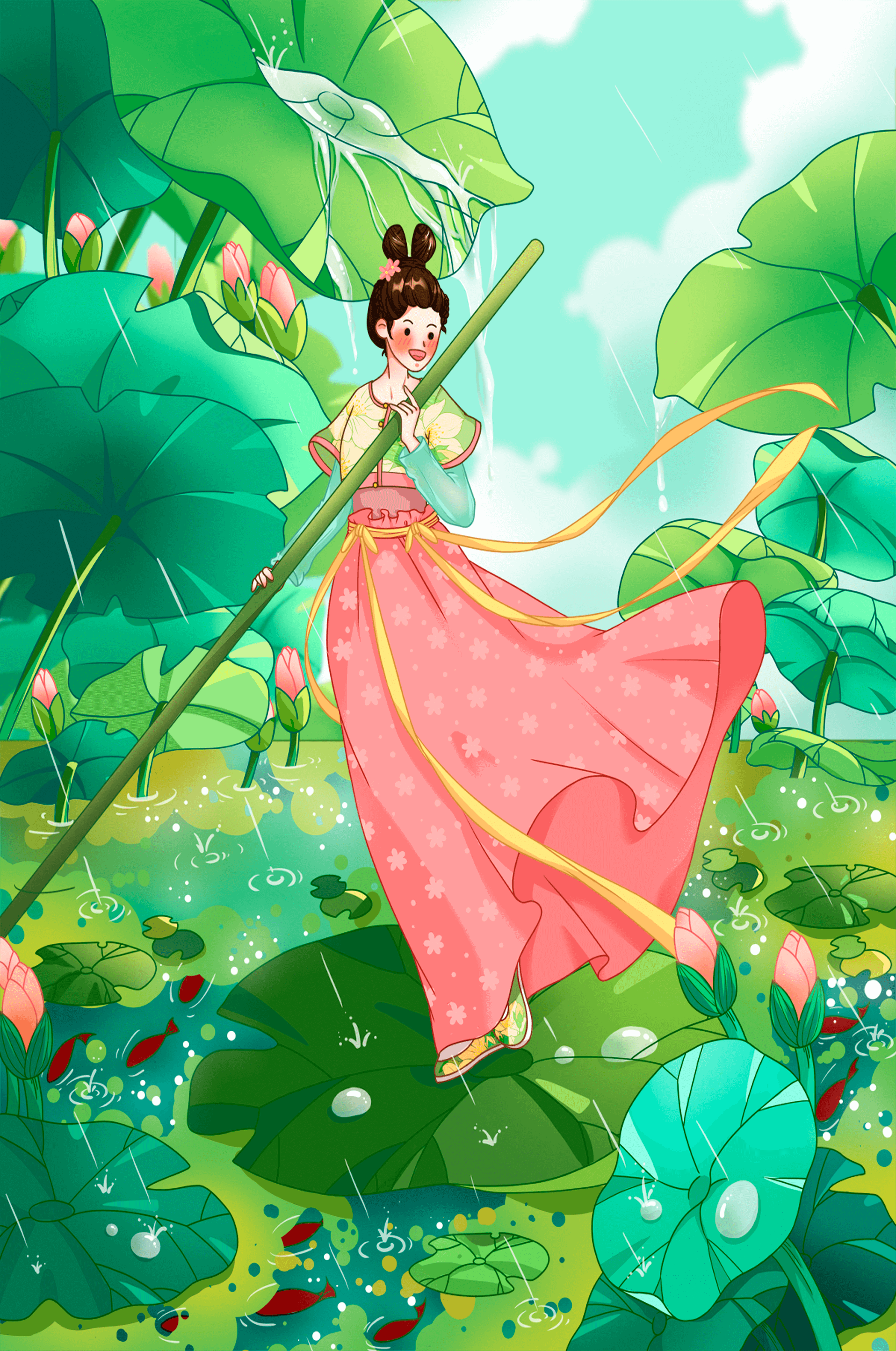A whimsical scene of a girl in traditional dress among vibrant lotus leaves