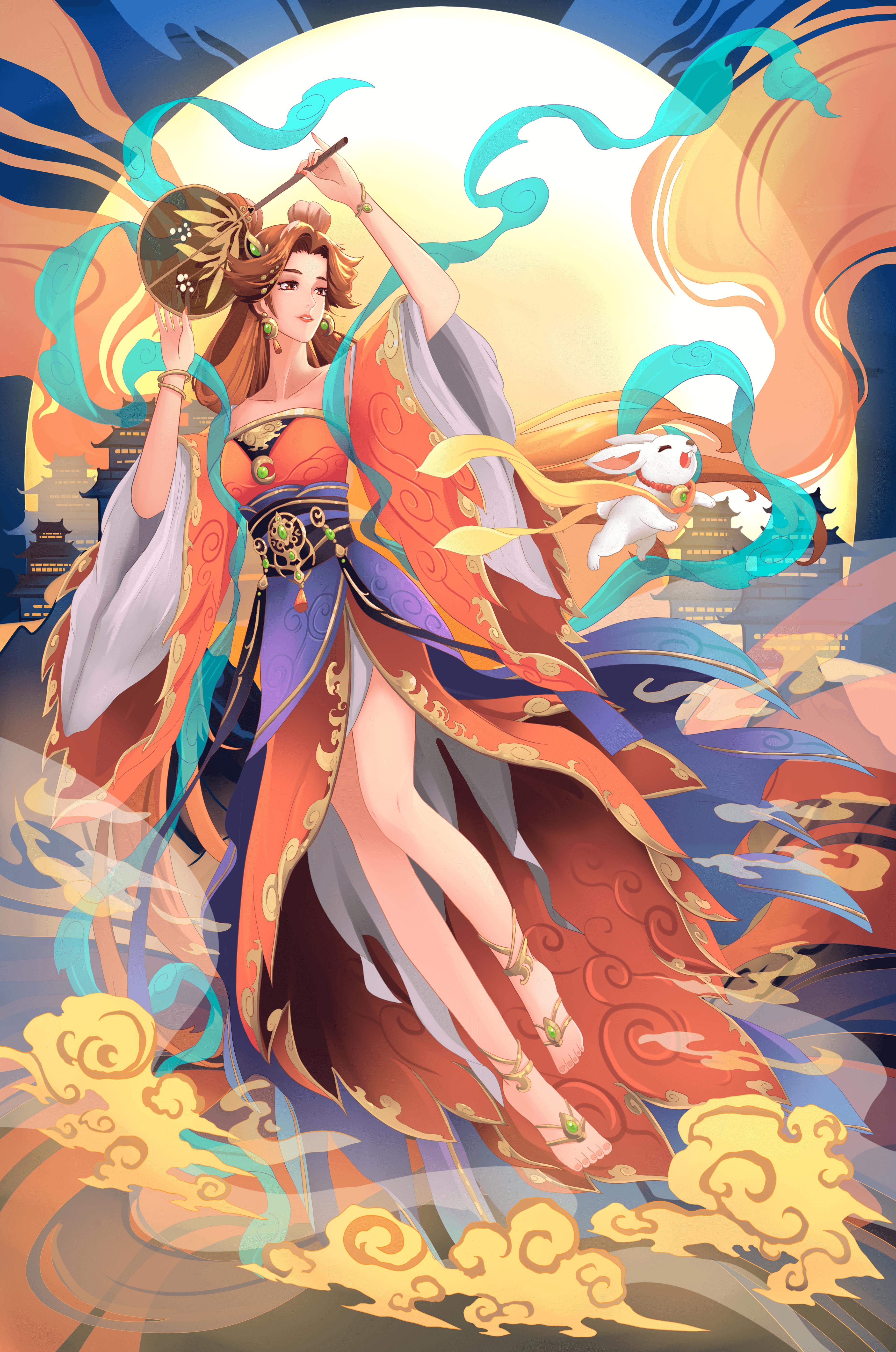 Elegant goddess with flowing robes against a mystical backdrop