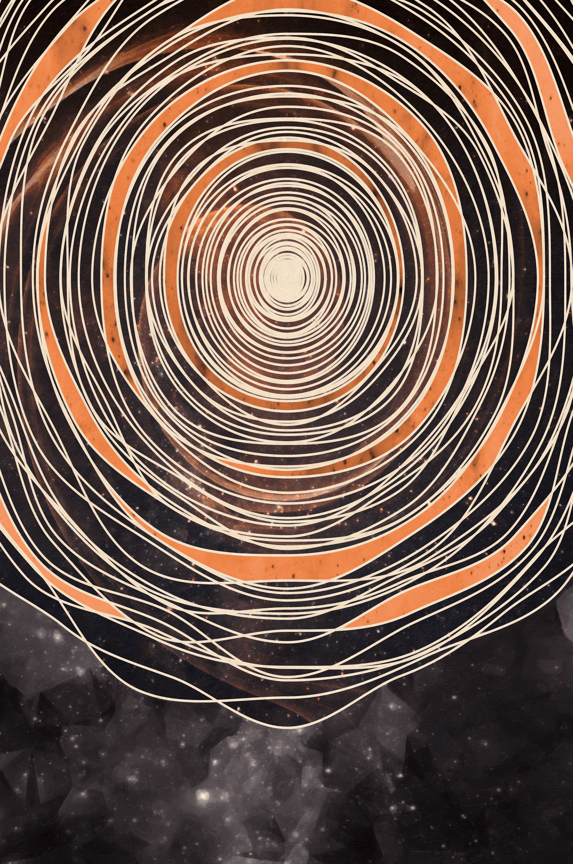Abstract cosmic spiral with concentric oval patterns and starry background