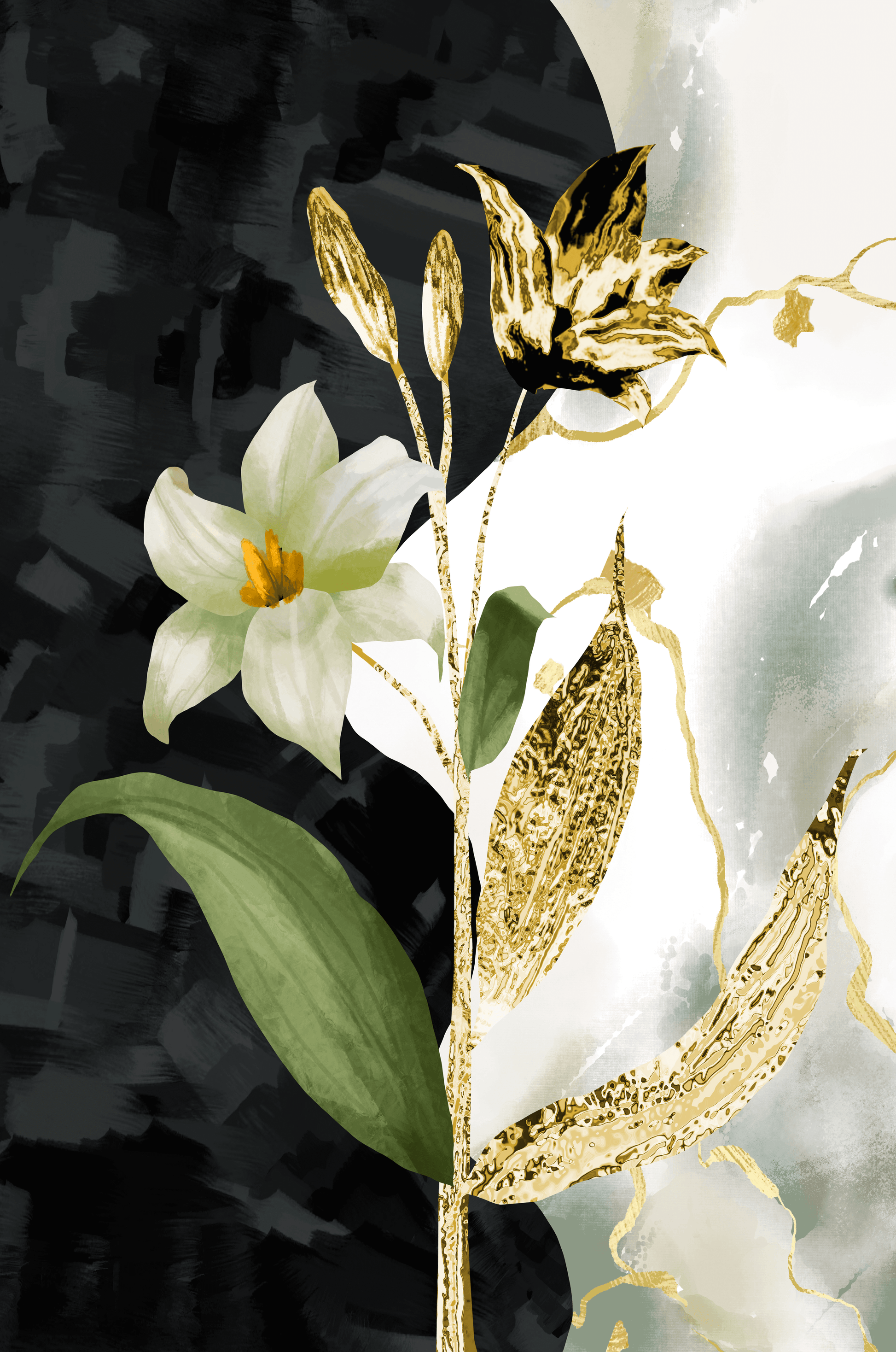 Diseño floral abstracto con detalles dorados y oscuros