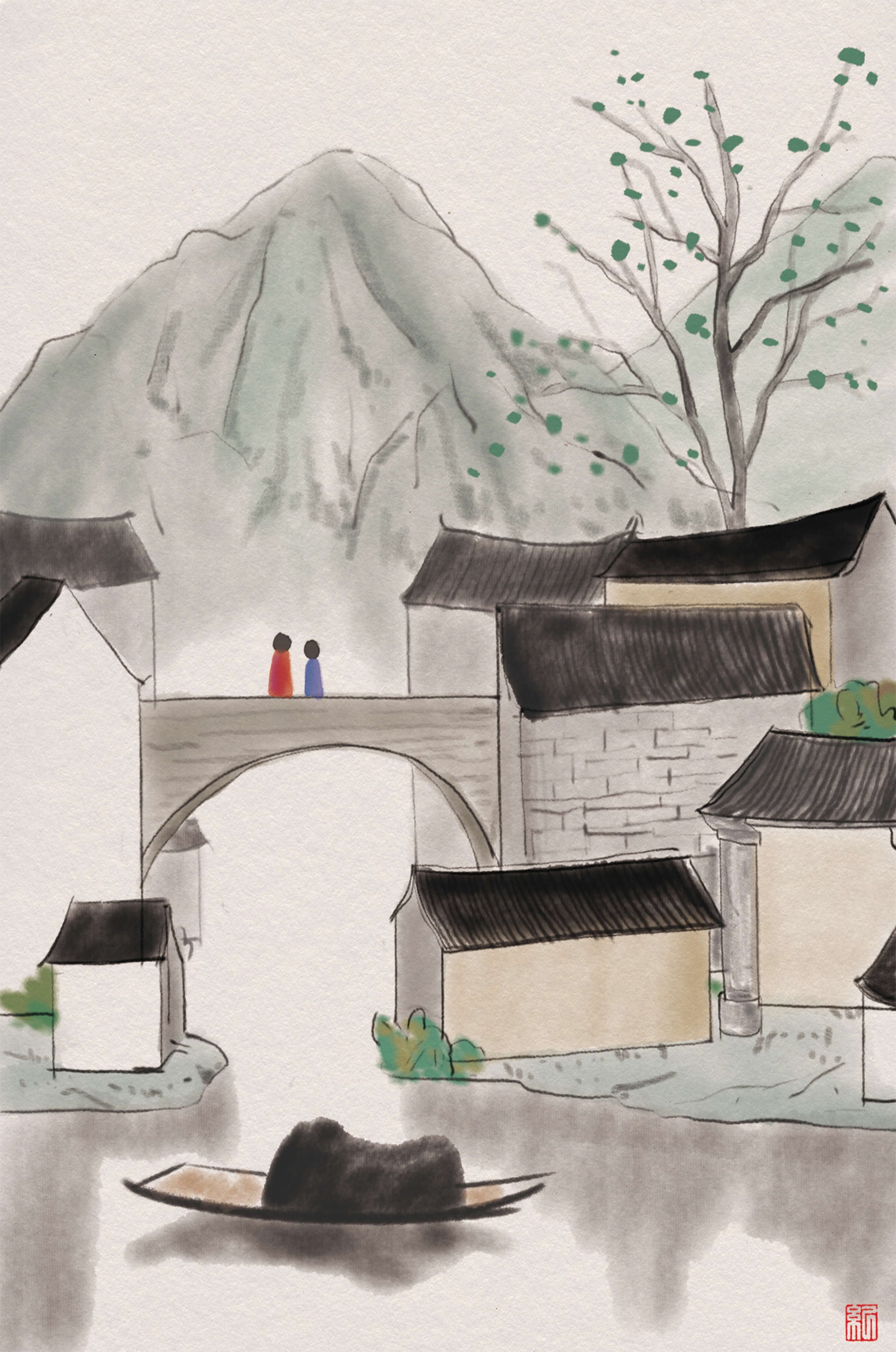 Pintura de tinta de un tranquilo pueblo montañoso con puente y barco