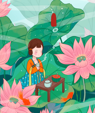 Serene illustration of a girl enjoying tea among lotus flowers