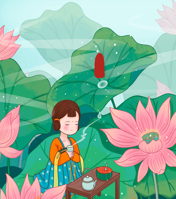 Serene illustration of a girl enjoying tea among lotus flowers