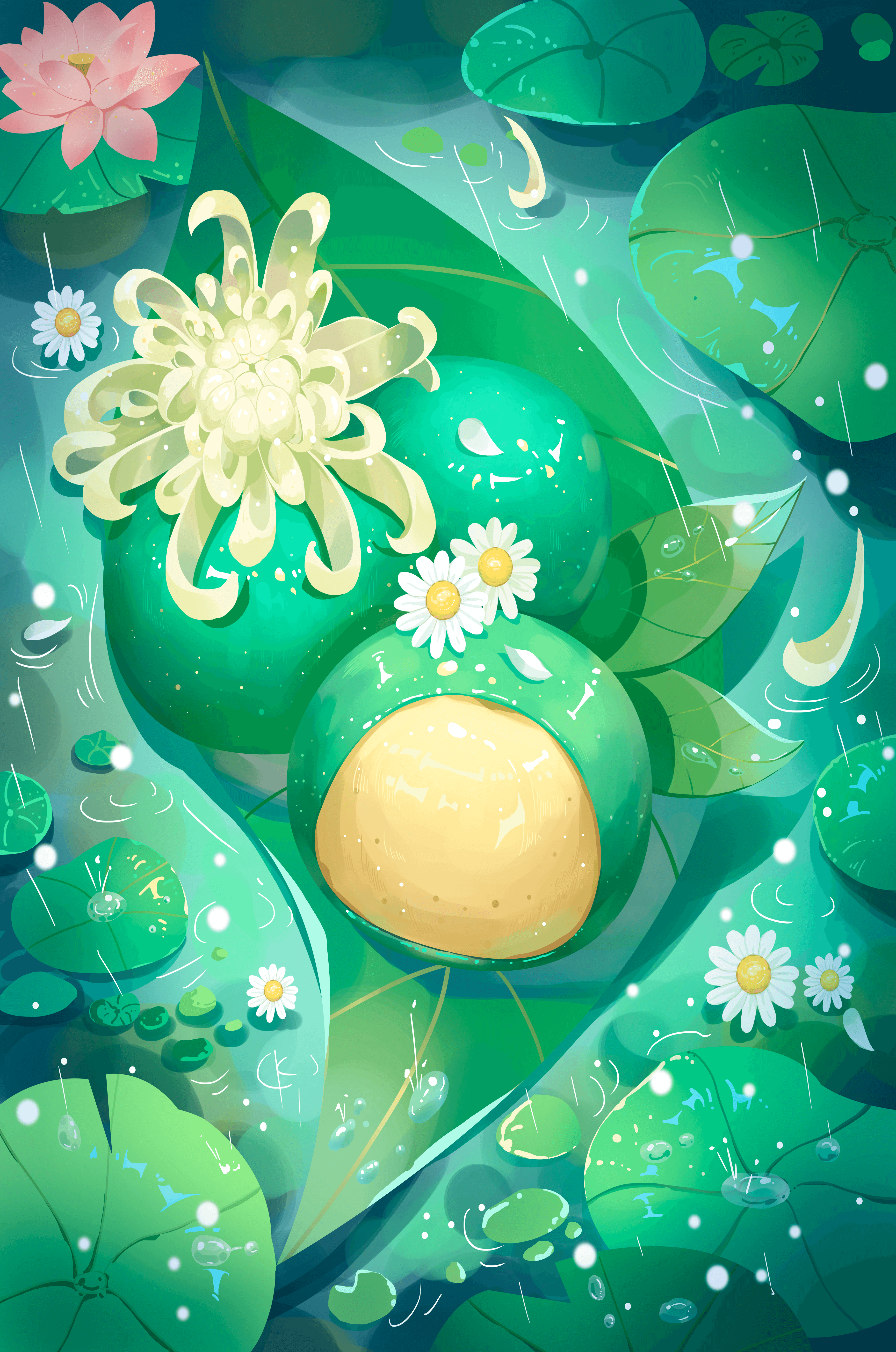 Lush aquatic scene with lotus flowers and green leaves