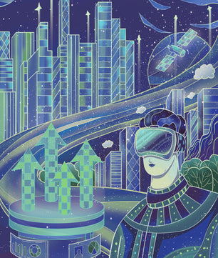 Futuristisches Stadtbild mit Virtual Reality und Technologieelementen