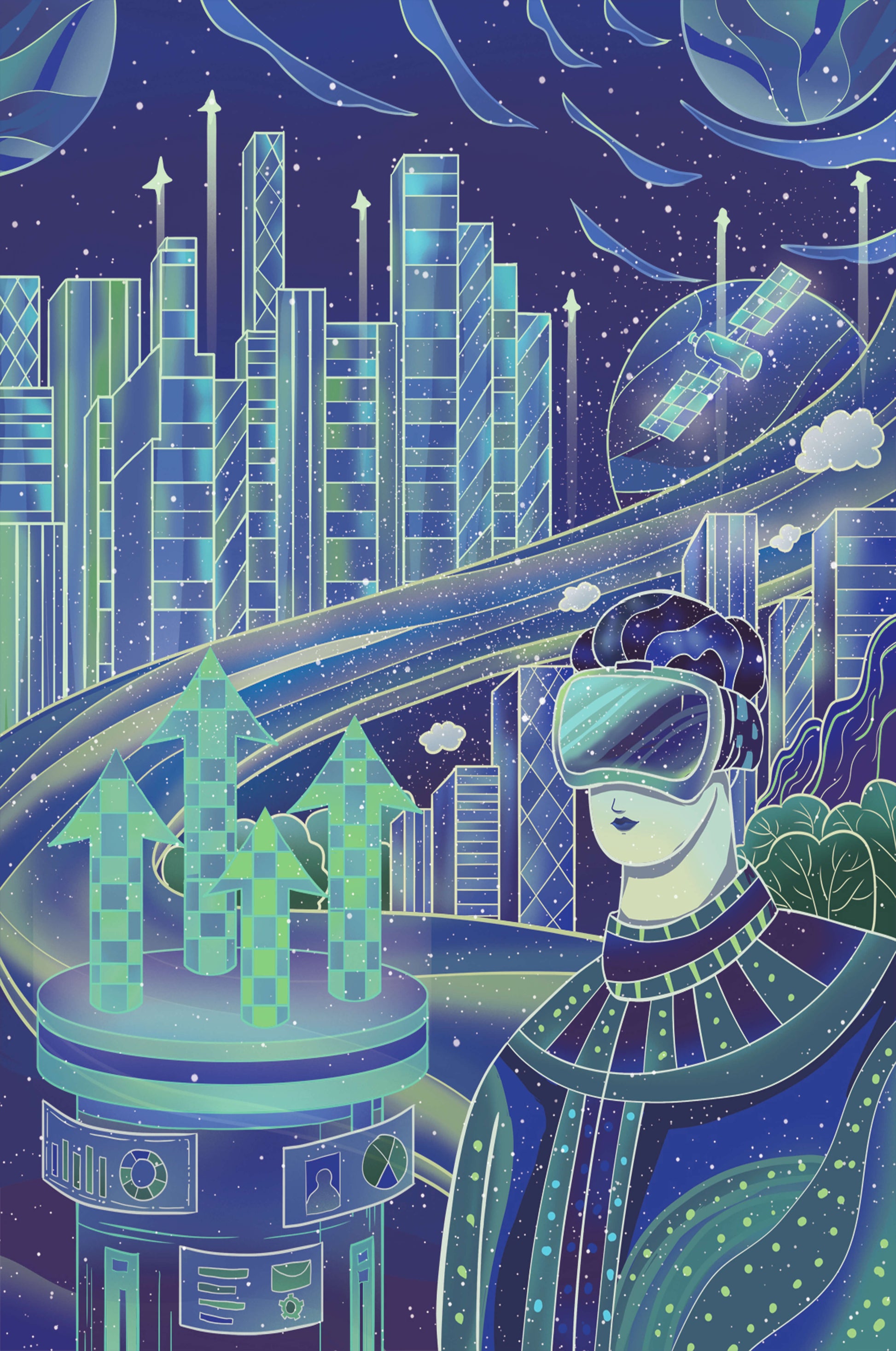 Futuristisches Stadtbild mit Virtual Reality und Technologieelementen