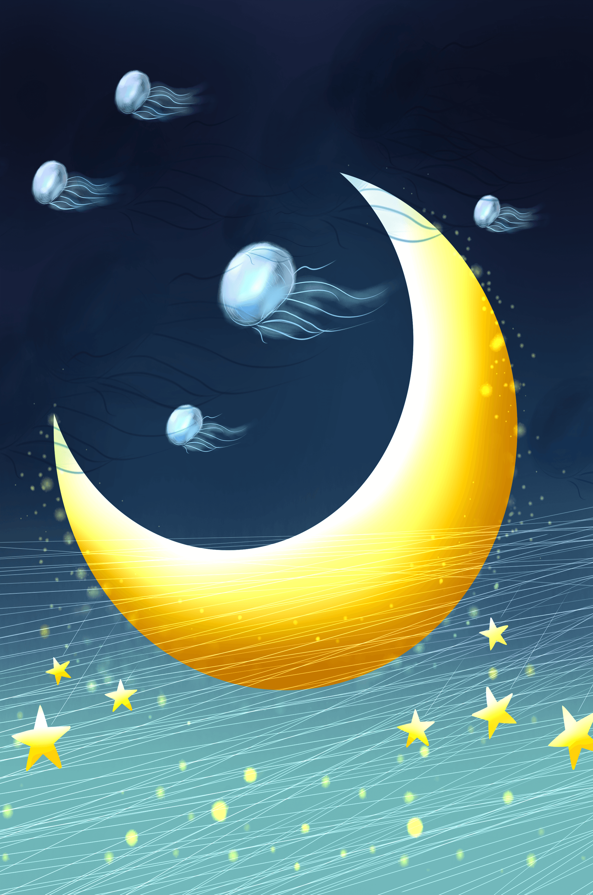 Night sky with golden crescent moon and jellyfish drifting
