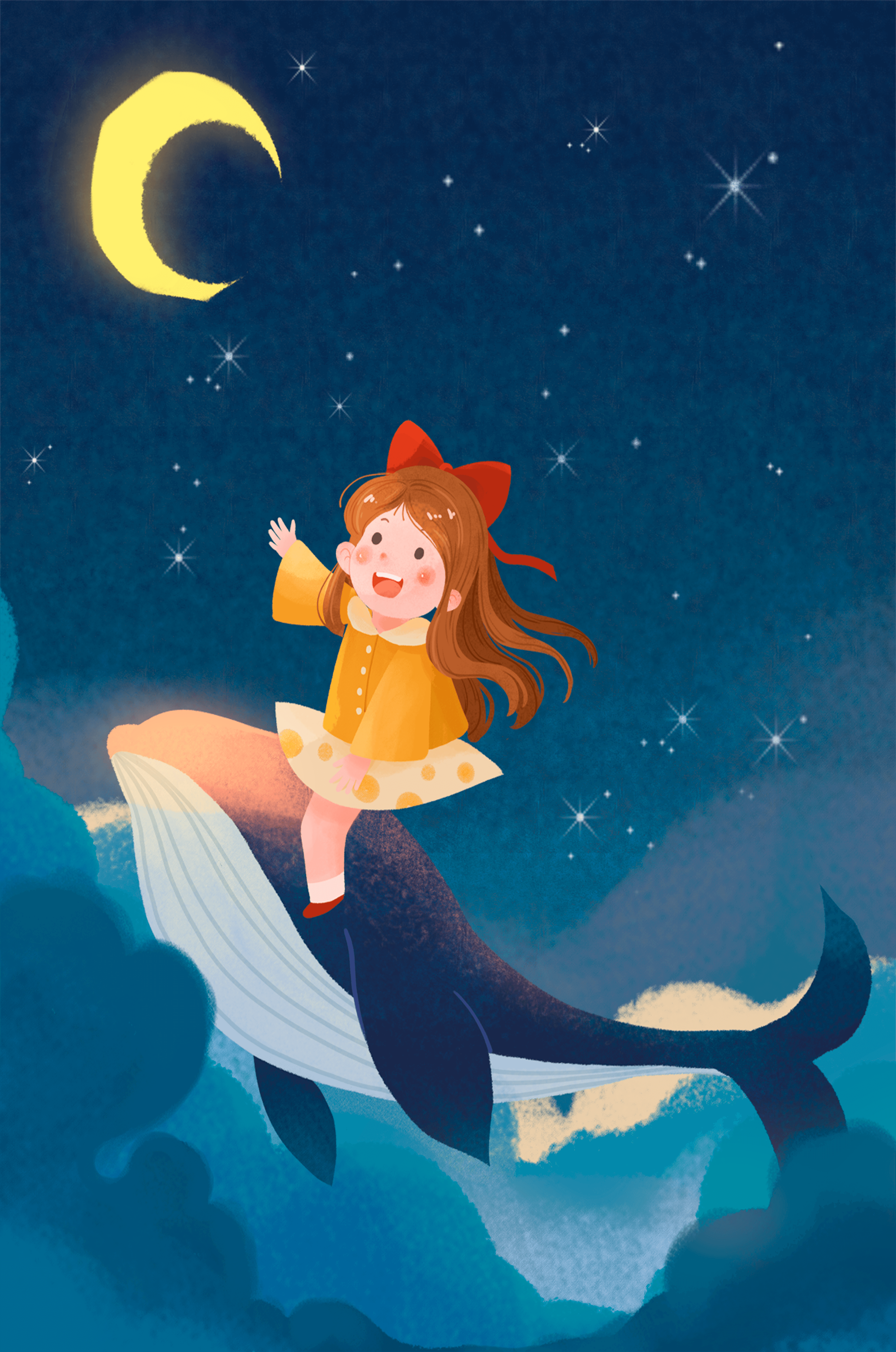 Girl on a whale under starry night sky