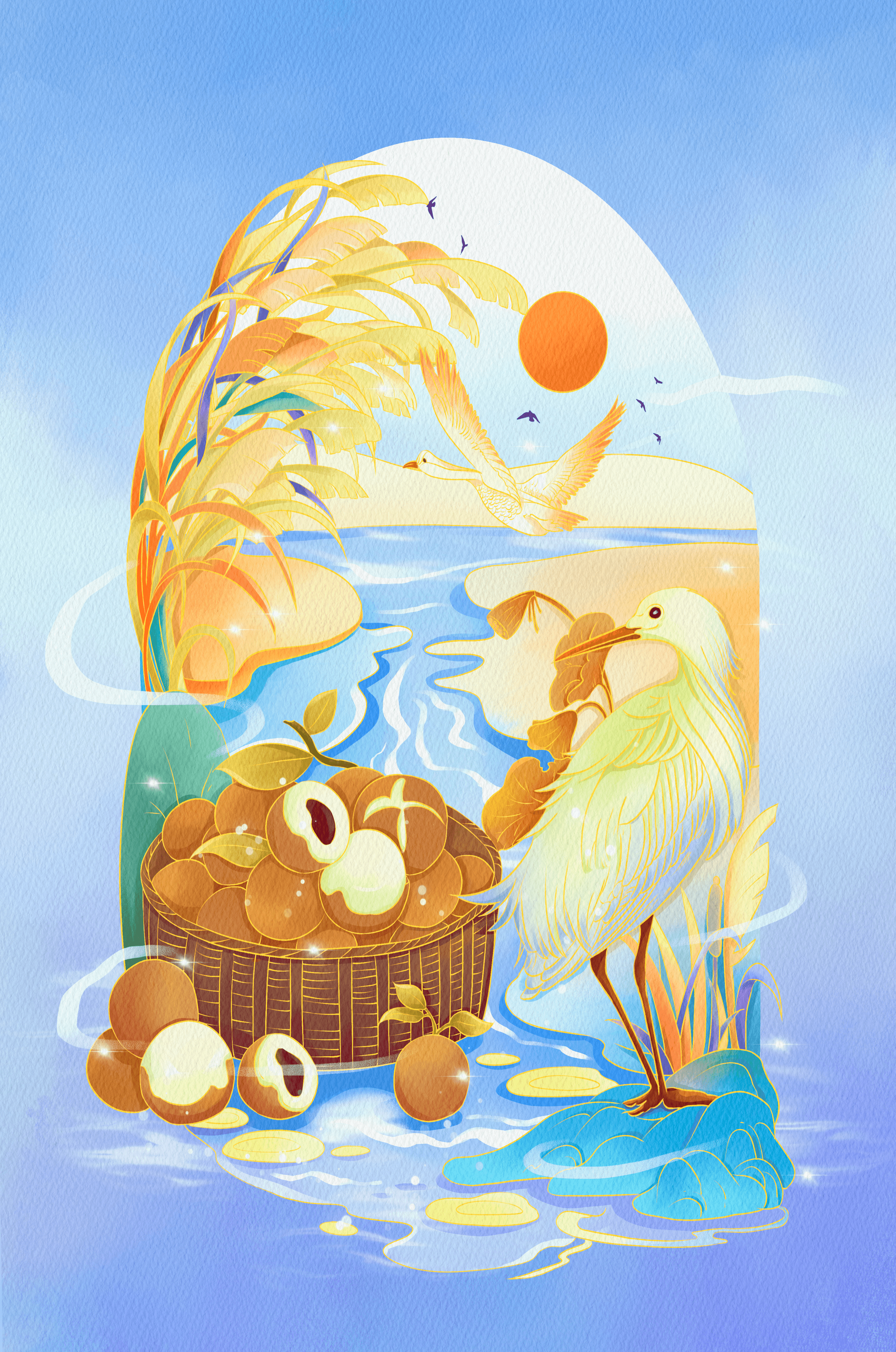 Serene landscape with a bird, fruit basket, and golden reeds under a bright sun
