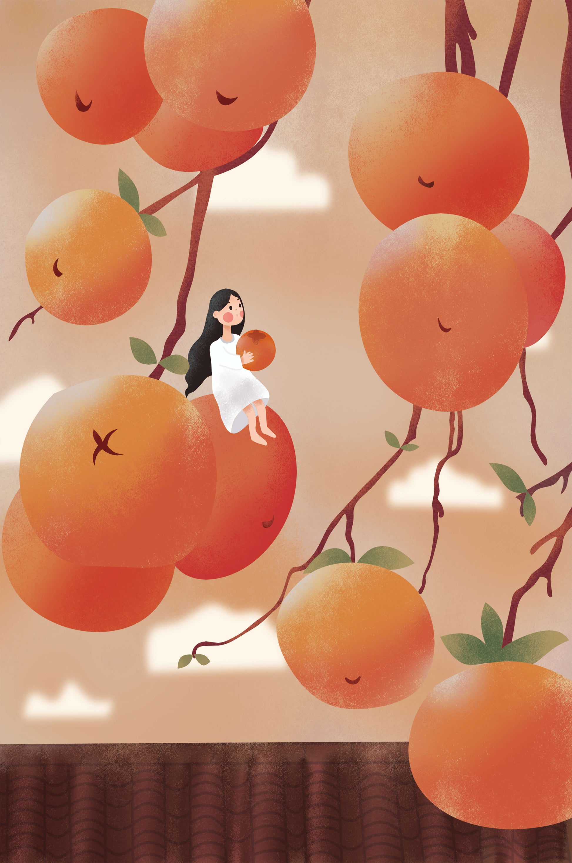 Whimsical illustration of girl with giant oranges and branches