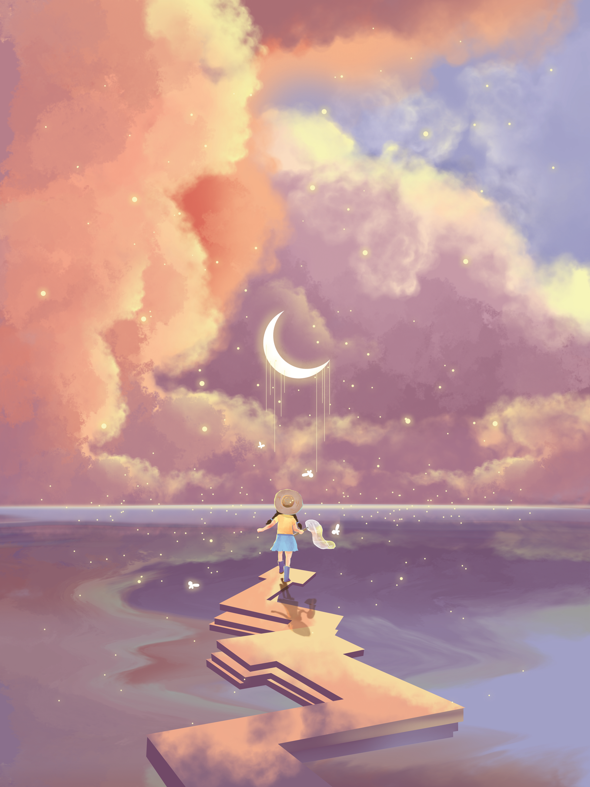 Whimsical journey on a dreamlike path beneath colorful clouds