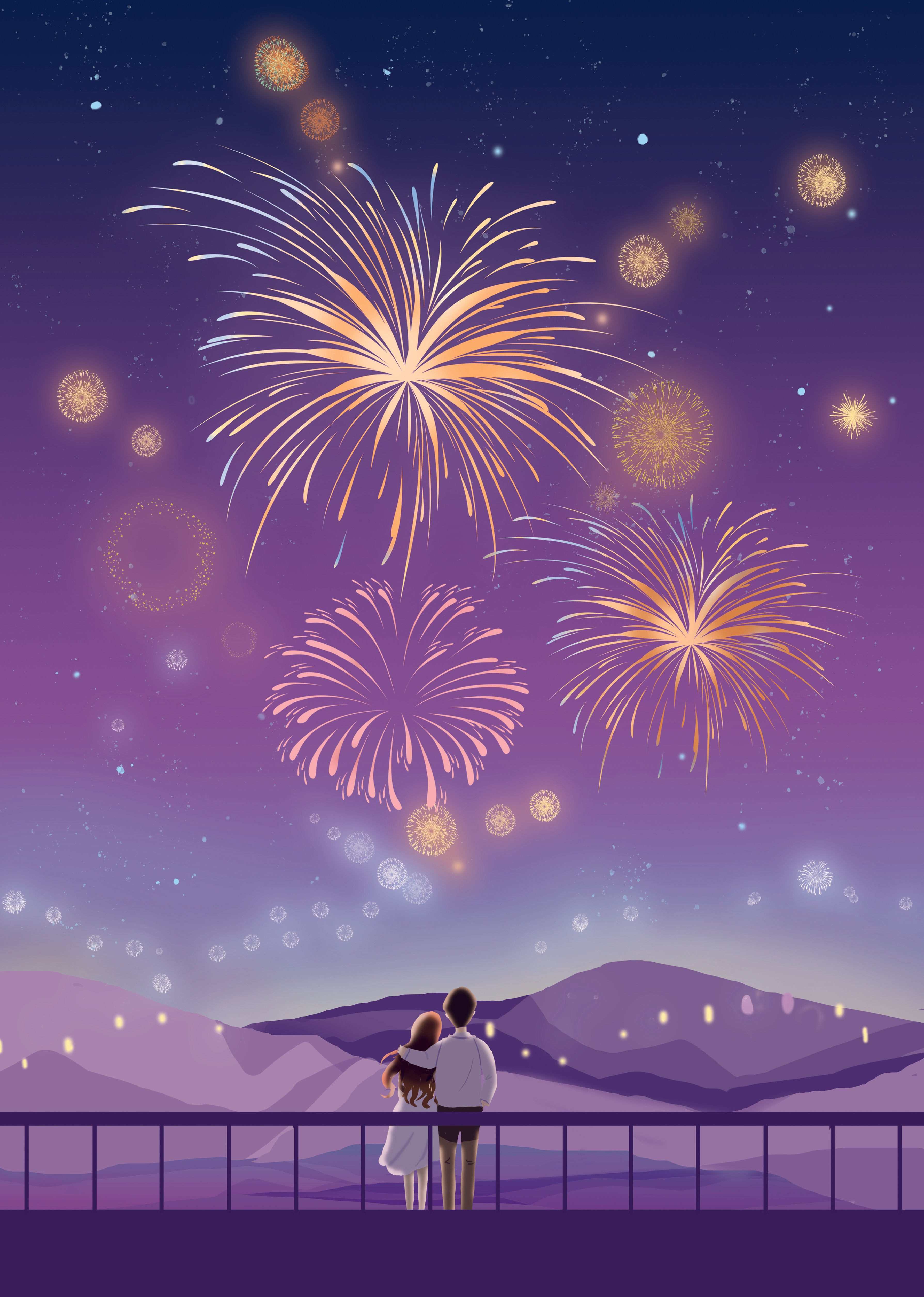 Romantic Couple Watching Fireworks on a Starry Night