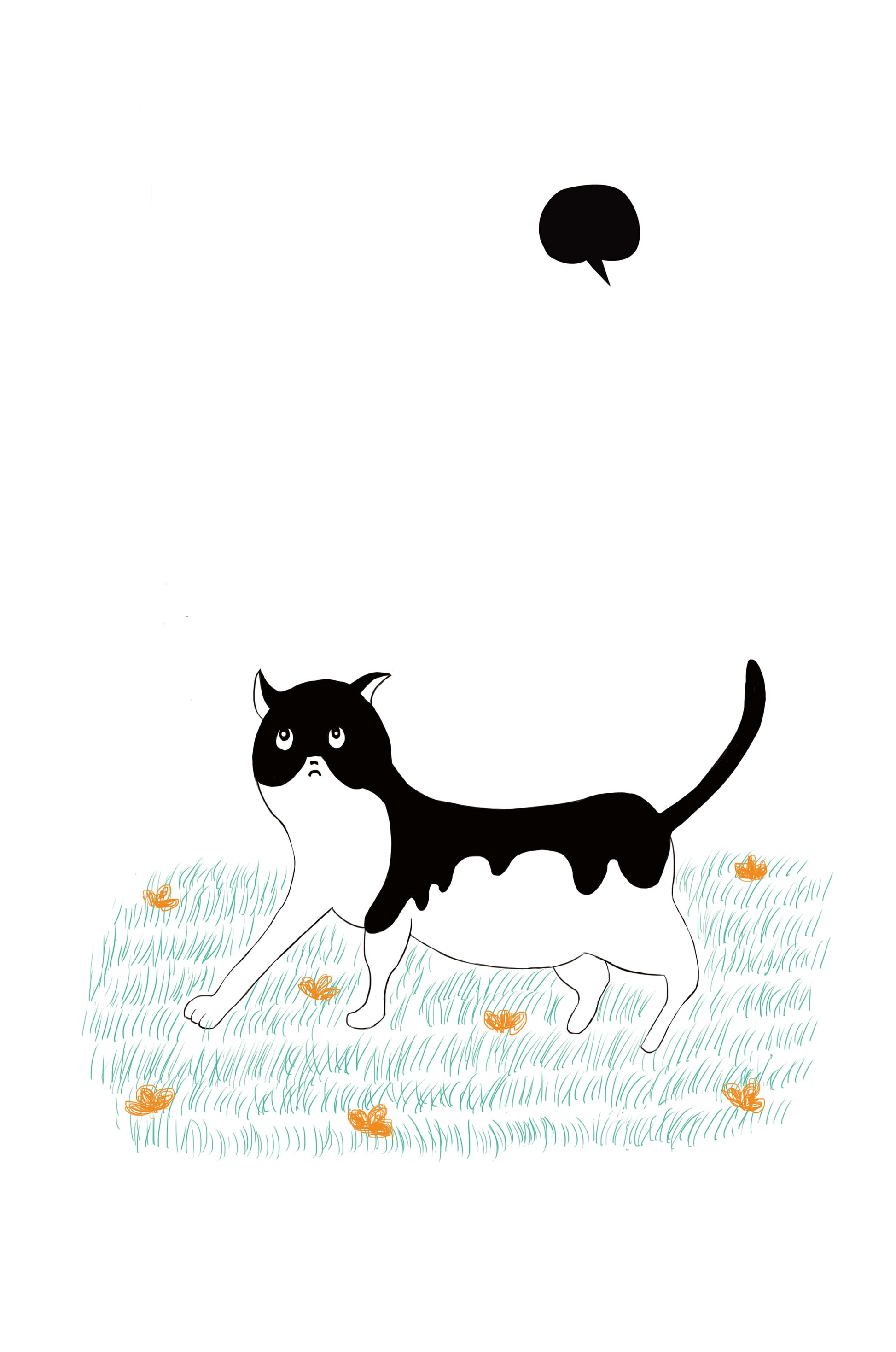 Whimsical cat illustration in field of flowers
