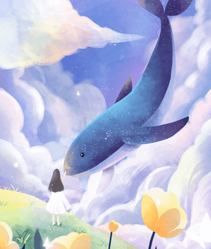 Paisaje surrealista con una ballena gigante y elementos caprichosos