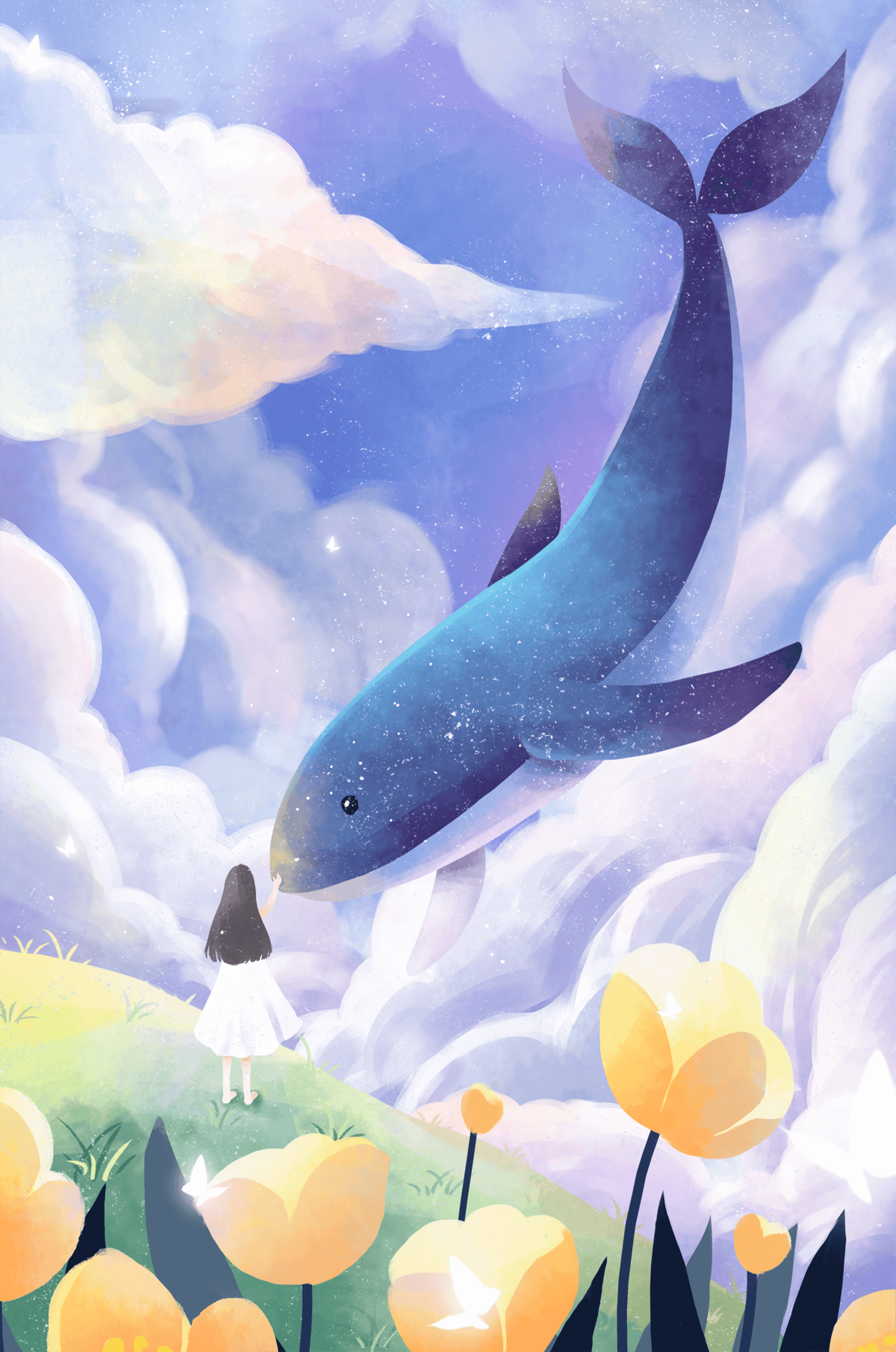Paisaje surrealista con una ballena gigante y elementos caprichosos