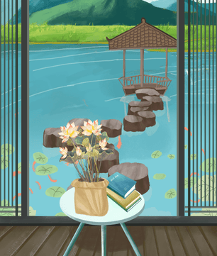Scenic view from a room overlooking a tranquil water garden with stepping stones and mountains