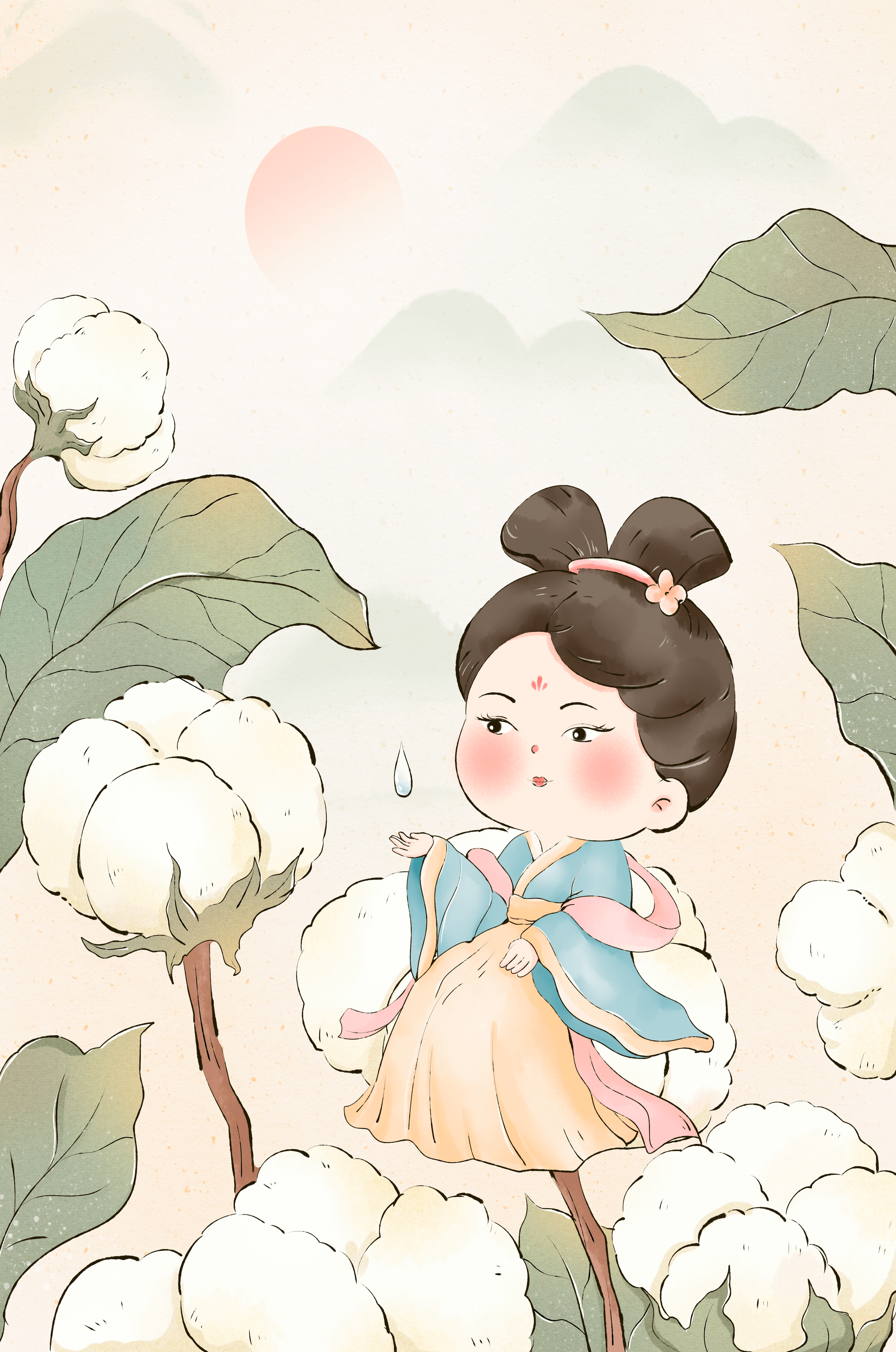 Elegant illustration of a young girl in traditional attire amid cotton plants