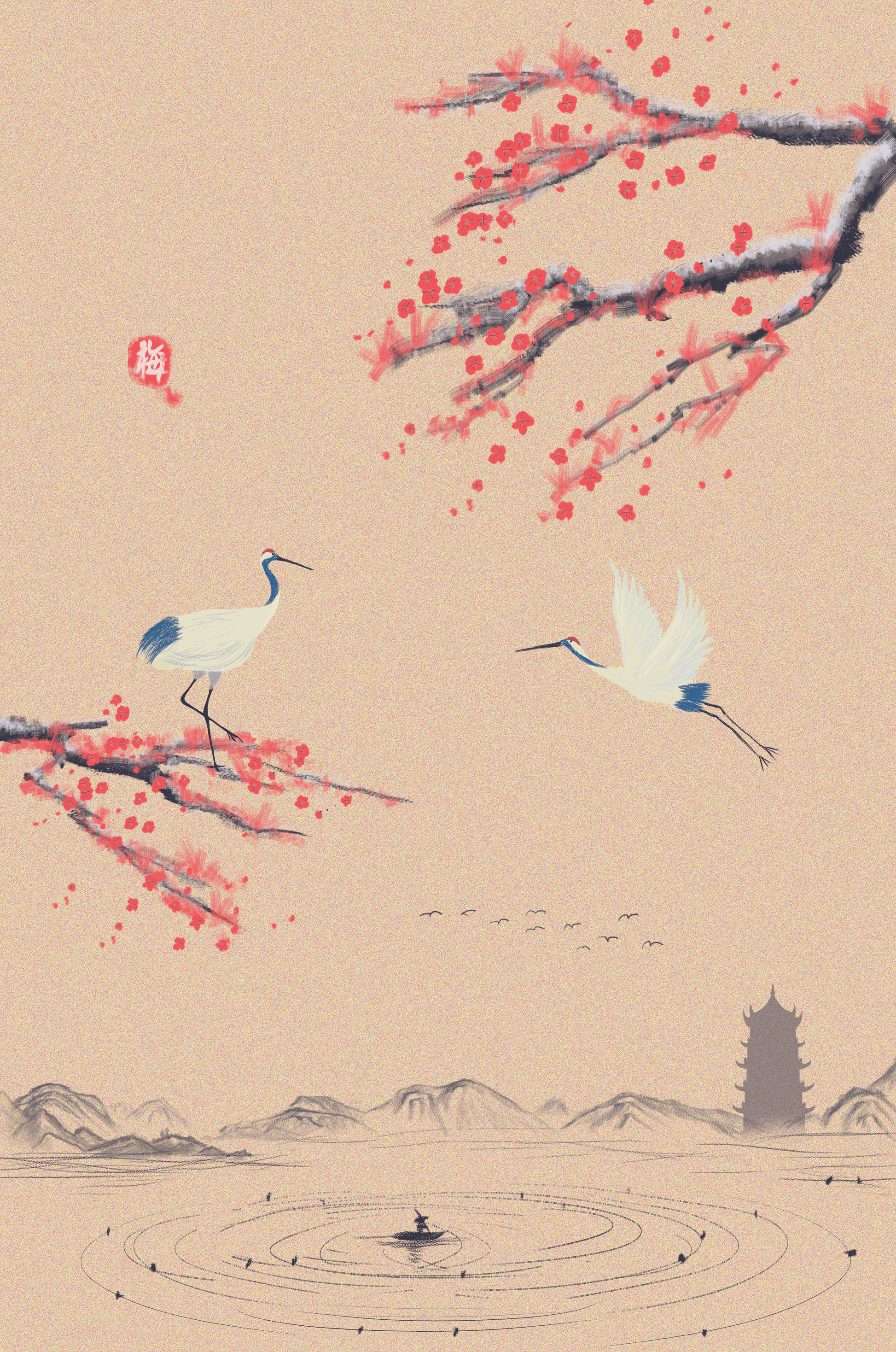 Elegant Asian landscape with cranes and cherry blossom branches