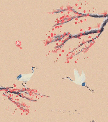 Elegant Asian landscape with cranes and cherry blossom branches