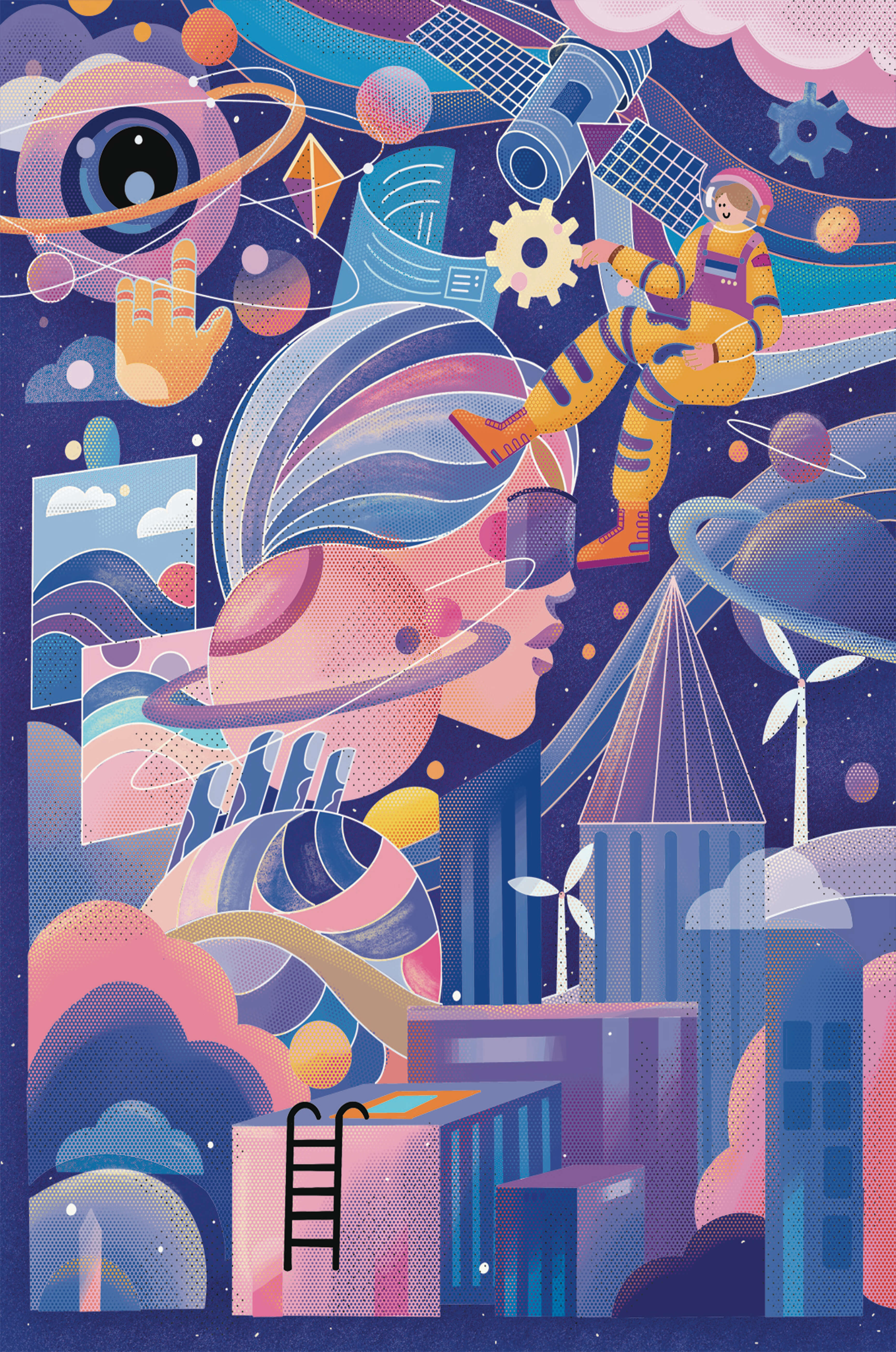 Futuristic space exploration artwork with astronaut and planets