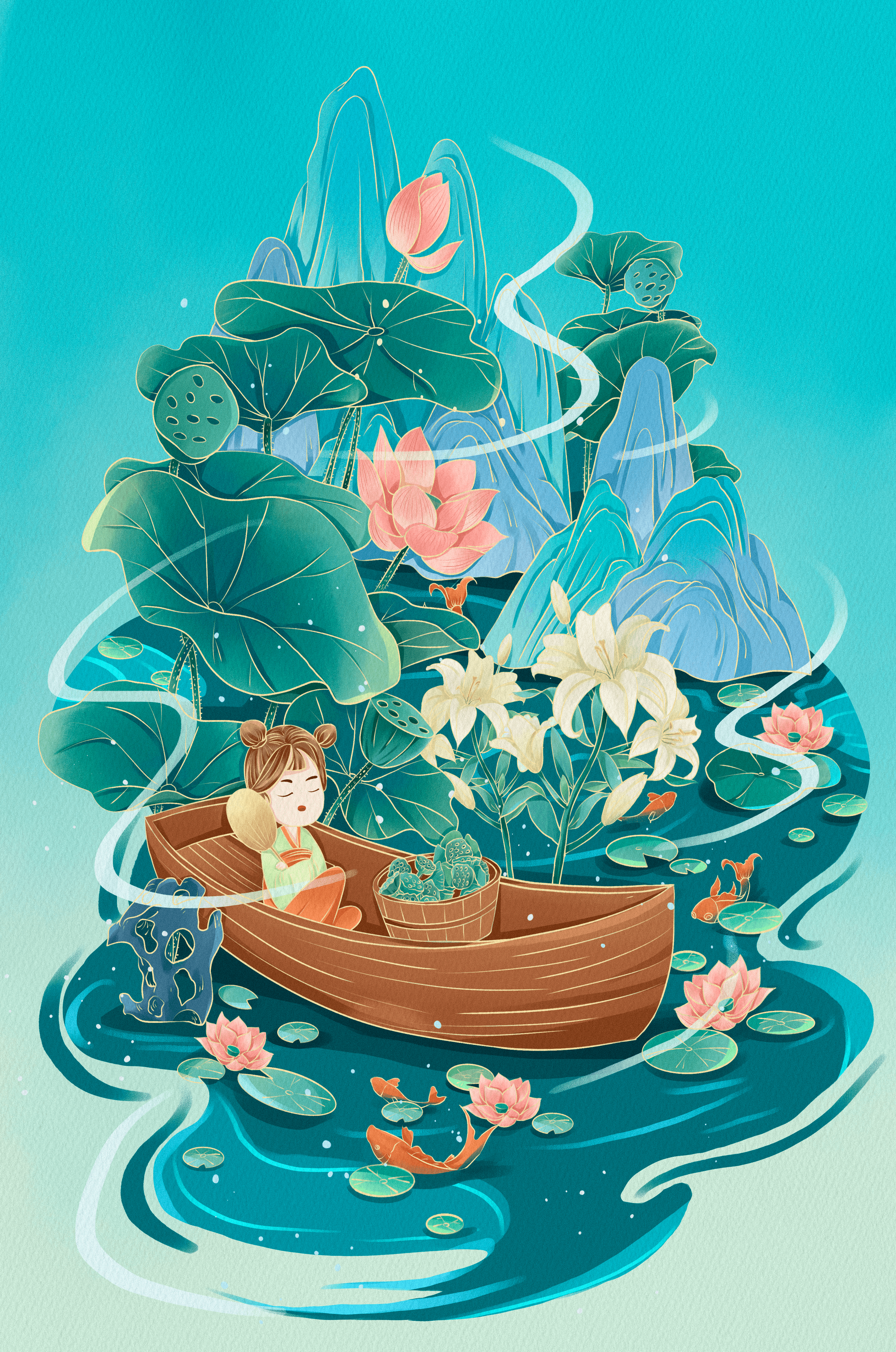 Serene landscape with lotus and boat in a tranquil water scene
