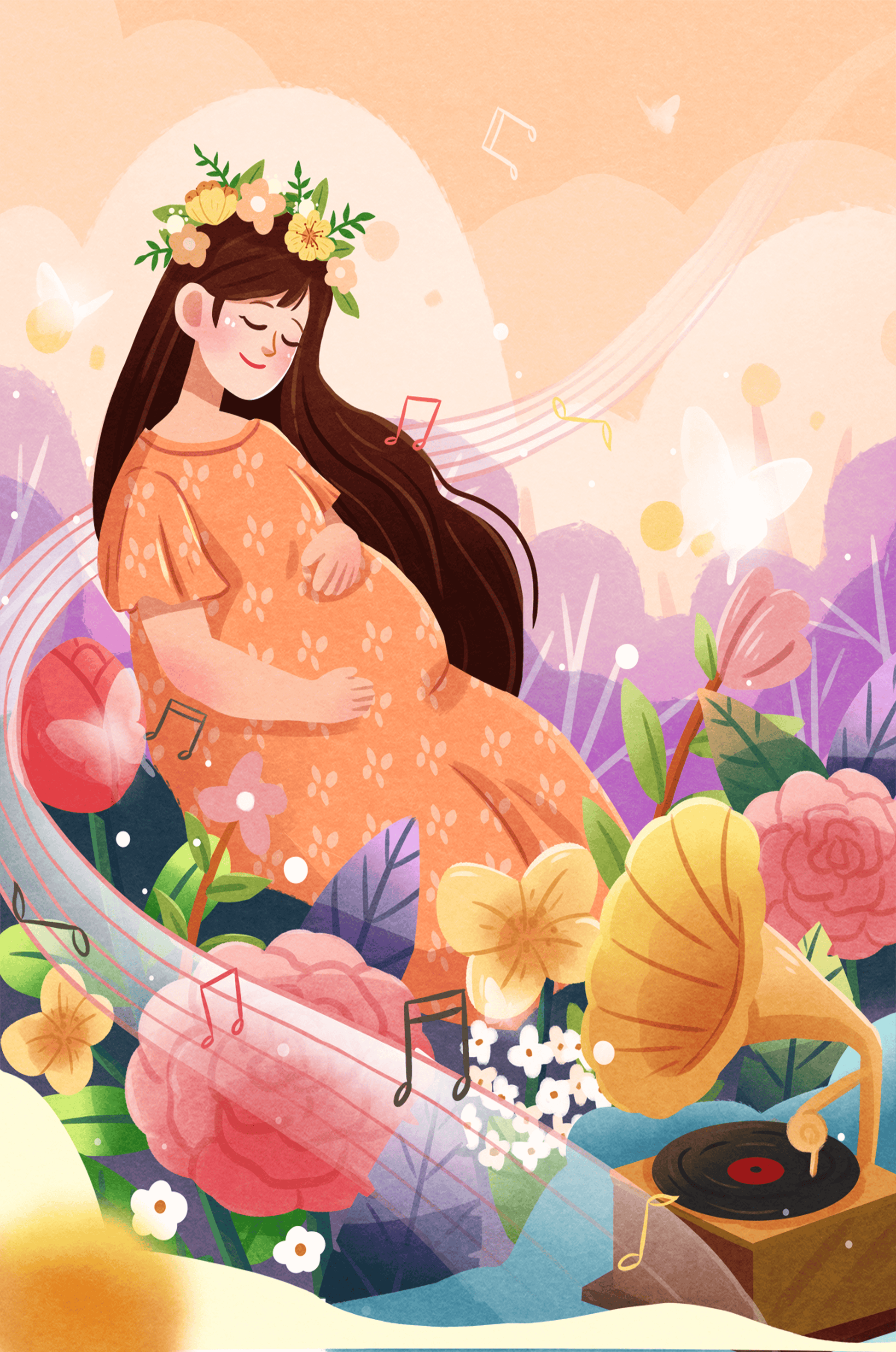 Woman in nature with flowers and musical notes