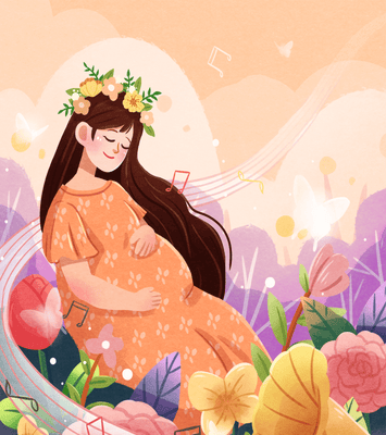 Woman in nature with flowers and musical notes