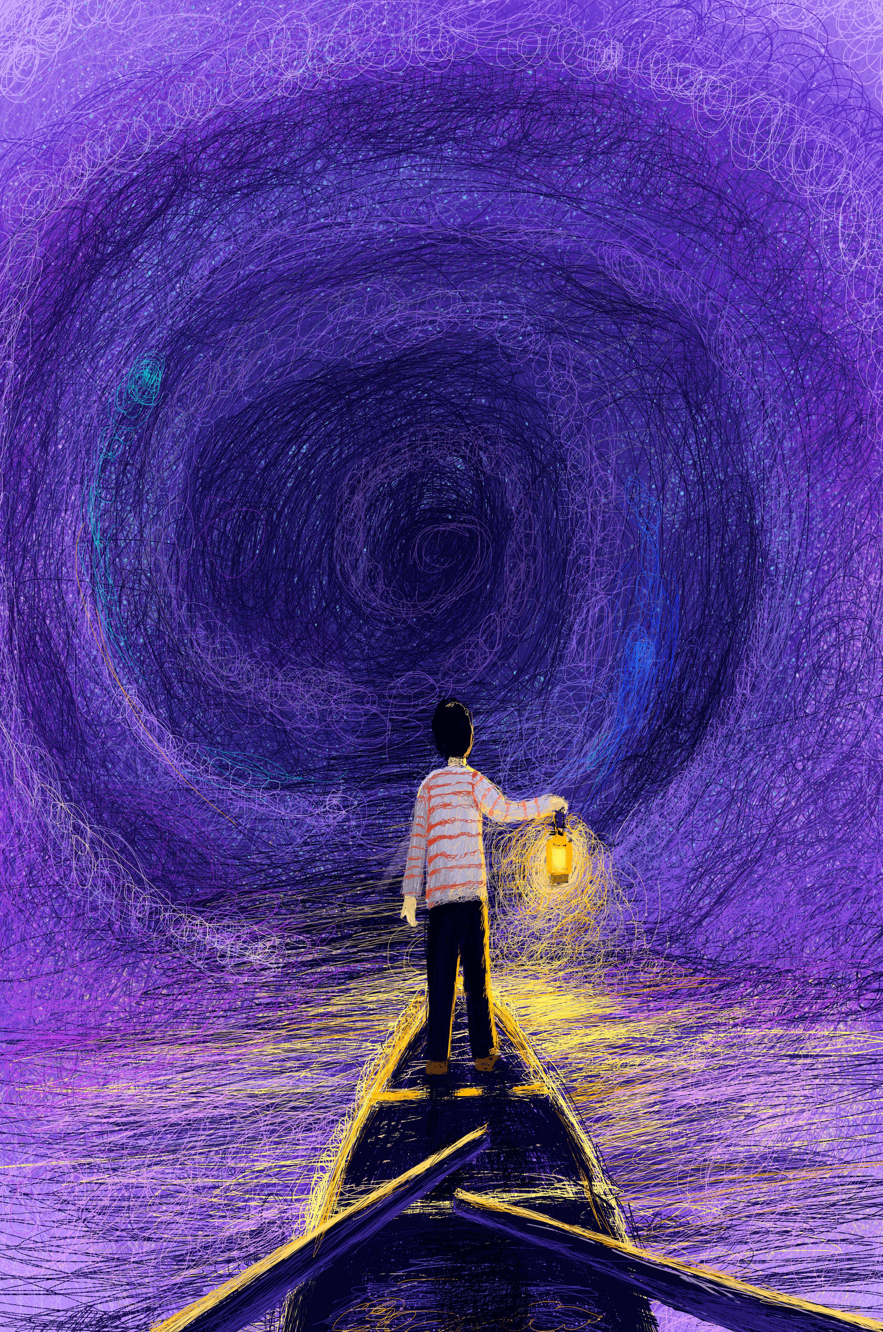 A boy holding a lantern on a boat in a swirling purple vortex