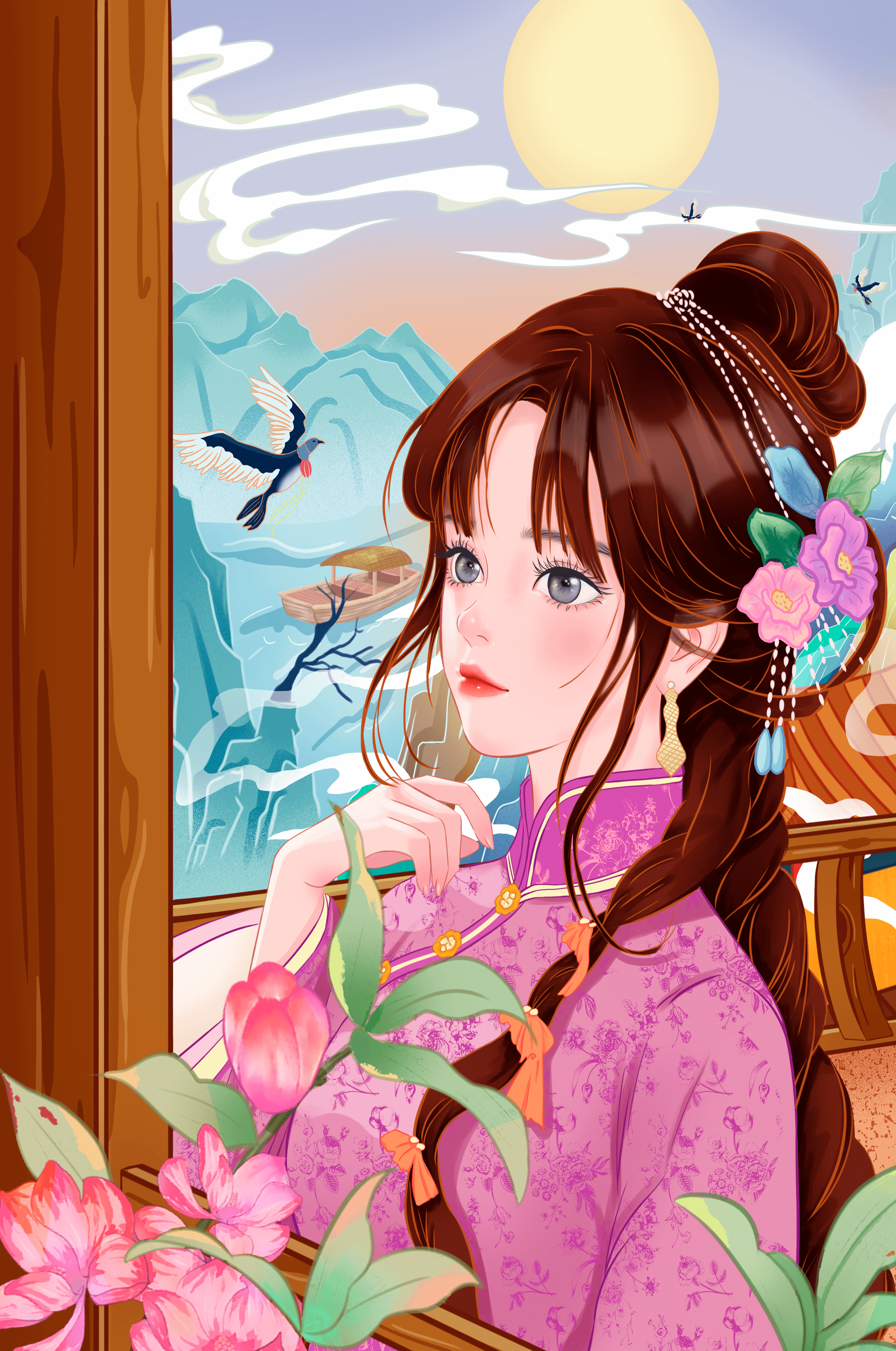 Serene landscape with a woman in traditional dress and mountain view