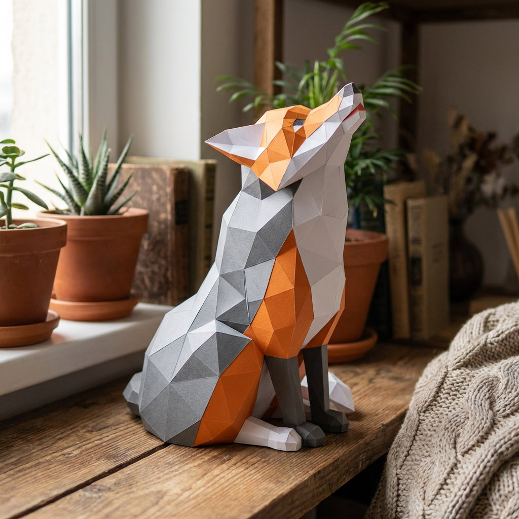Wolf Sculpture 3D Papercraft Howling - Large Geometric Gray & Orange Wolf DIY Kit - 40cm Tall Low Poly Animal Wall/Table Decor - Mi tienda
