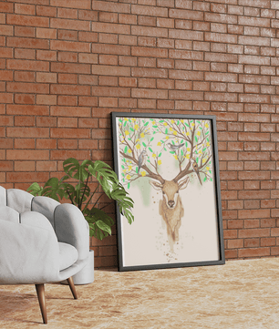 Majestic deer with blooming antlers and birds illustration - Mi tienda