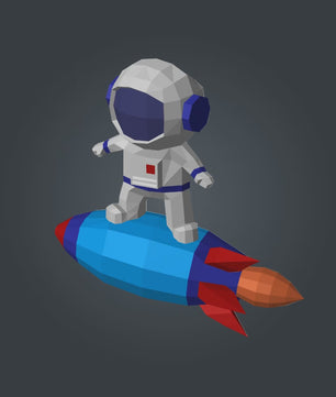 3D small astronaut on rocket papercraft polygonal paper figure 42x32x11 – DIY craft, modern geometric sculpture for wall décor