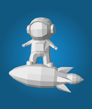 3D small astronaut on rocket papercraft polygonal paper figure 42x32x11 – DIY craft, modern geometric sculpture for wall décor