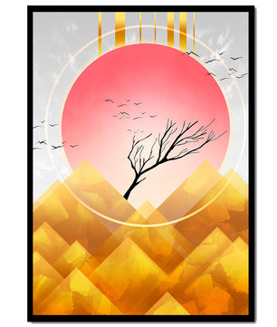 Golden sunrise over geometric mountains with a lone tree and flying birds - Mi tienda