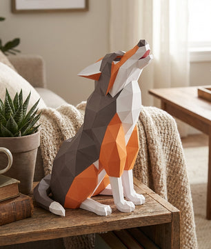 Wolf Sculpture 3D Papercraft Howling - Large Geometric Gray & Orange Wolf DIY Kit - 40cm Tall Low Poly Animal Wall/Table Decor - Mi tienda